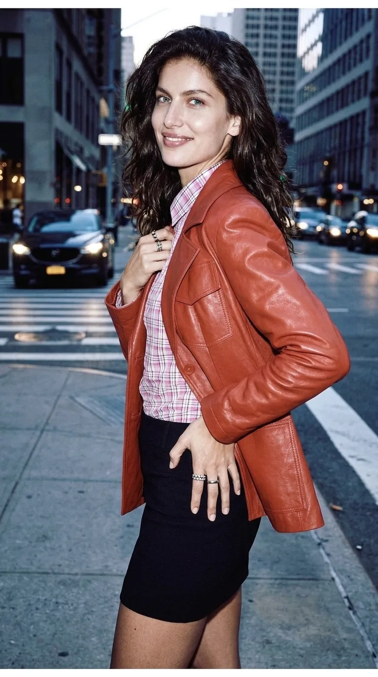 Woman wearing Buneri red leather jacket