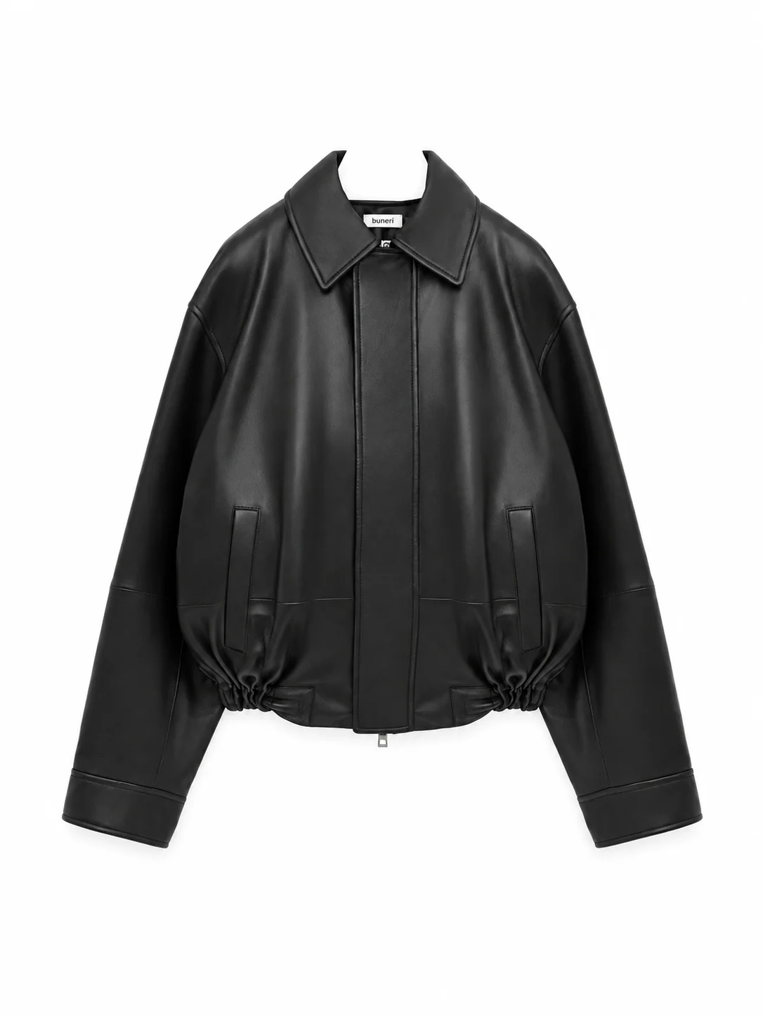 Black Oversized Collared Leather Blouson — Front view