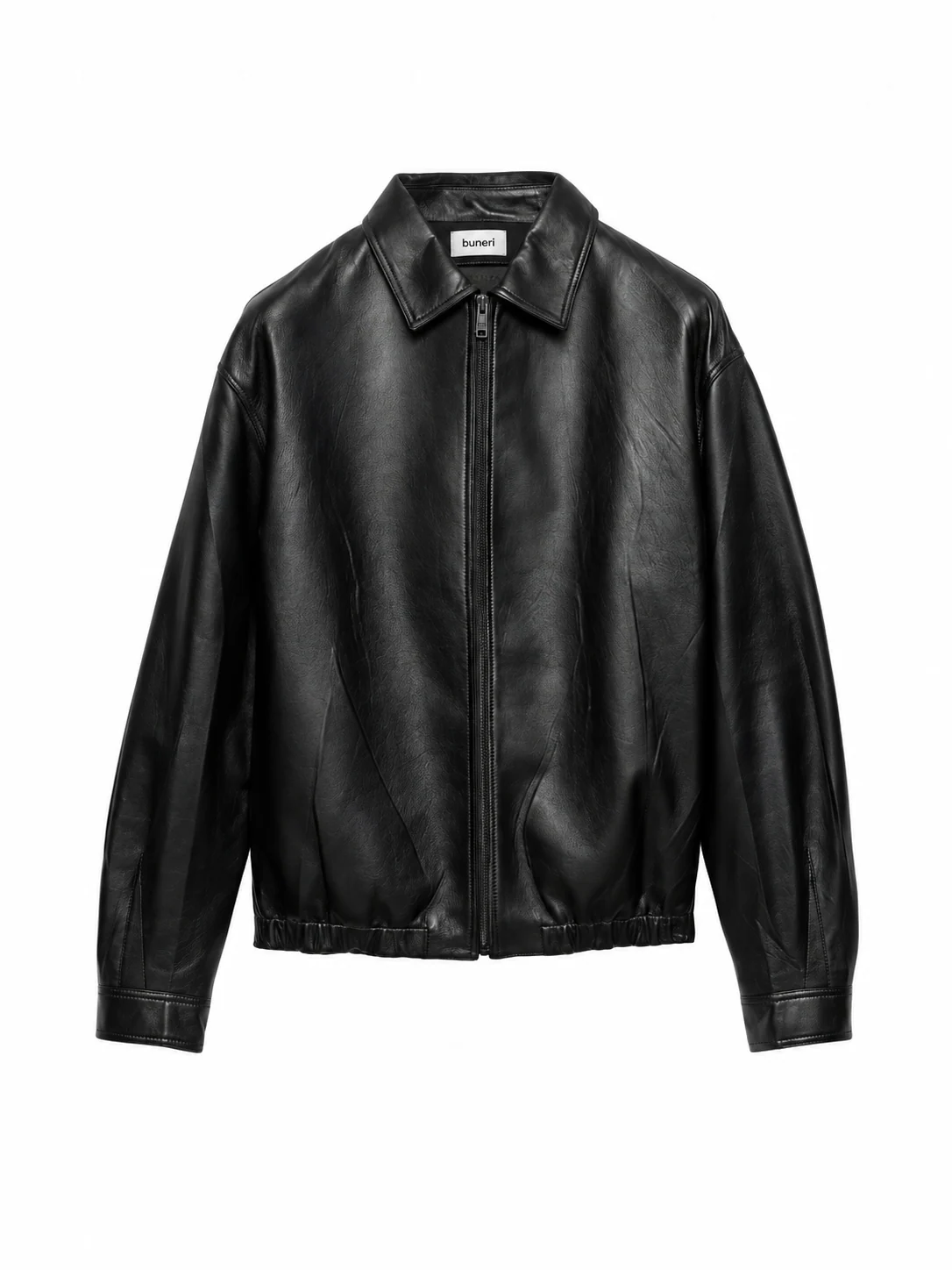 Black Oversized Zip Leather Bomber Jacket — Front view