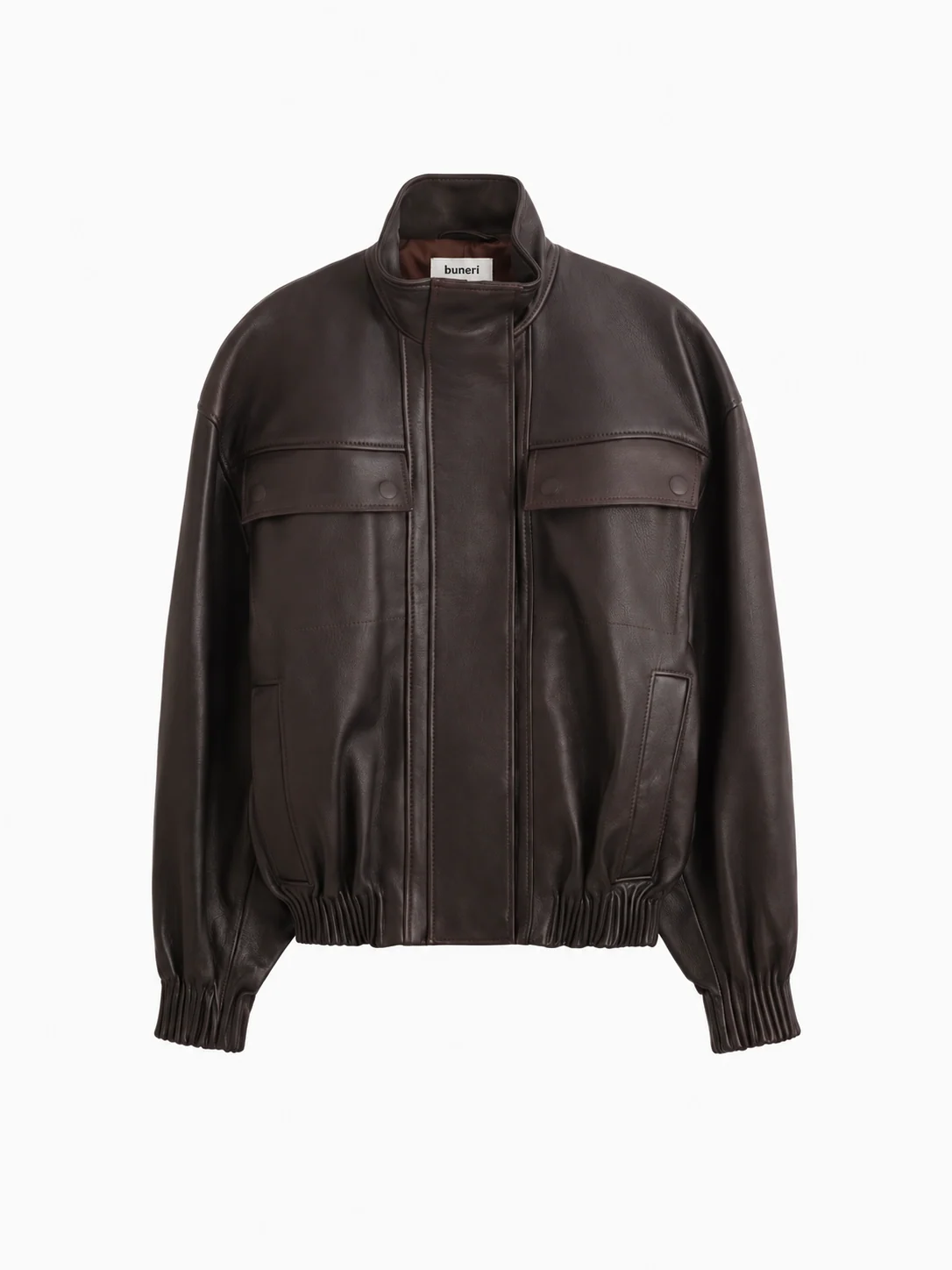 Brown Stand-Collar Leather Utility Jacket — Front view