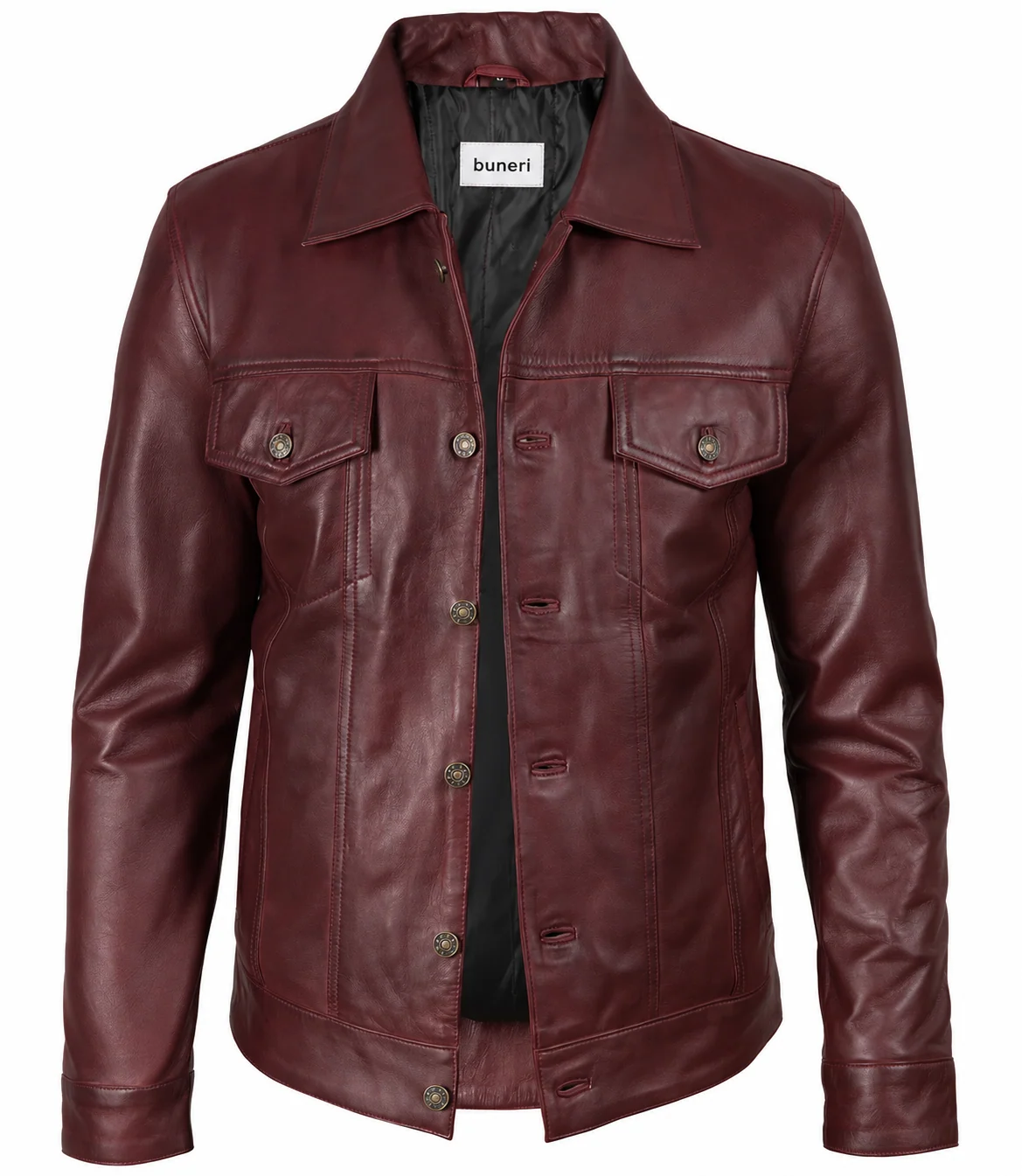Cazadora trucker de piel burdeos para hombre — Vista frontal