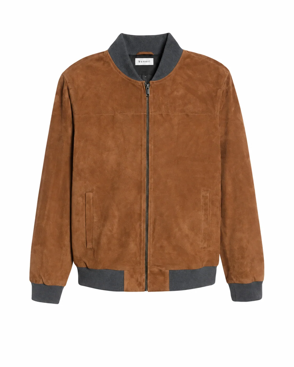 Men’s Cognac Suede Bomber Jacket — Front view