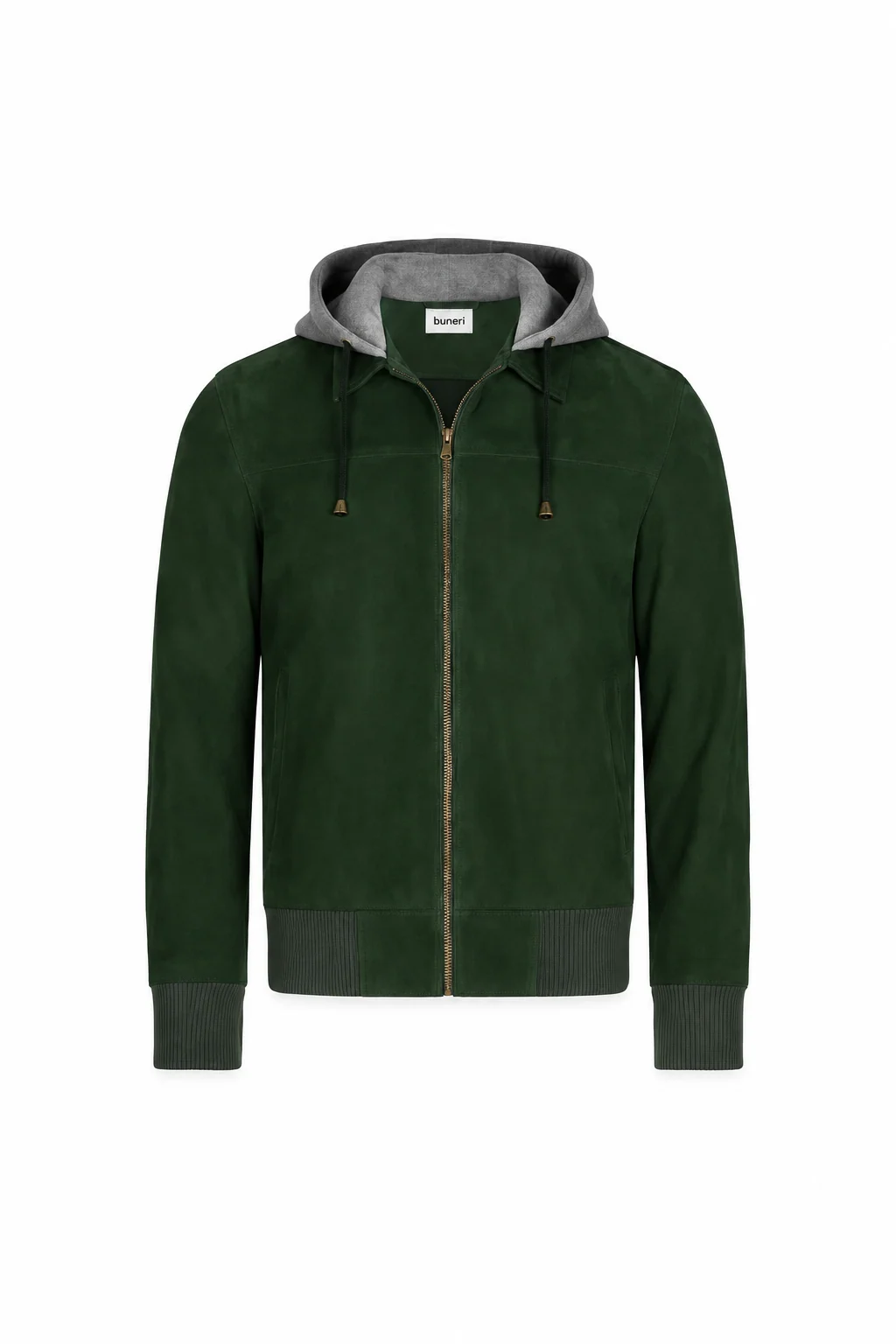 Men’s Green Hooded Suede Bomber Jacket — Front view