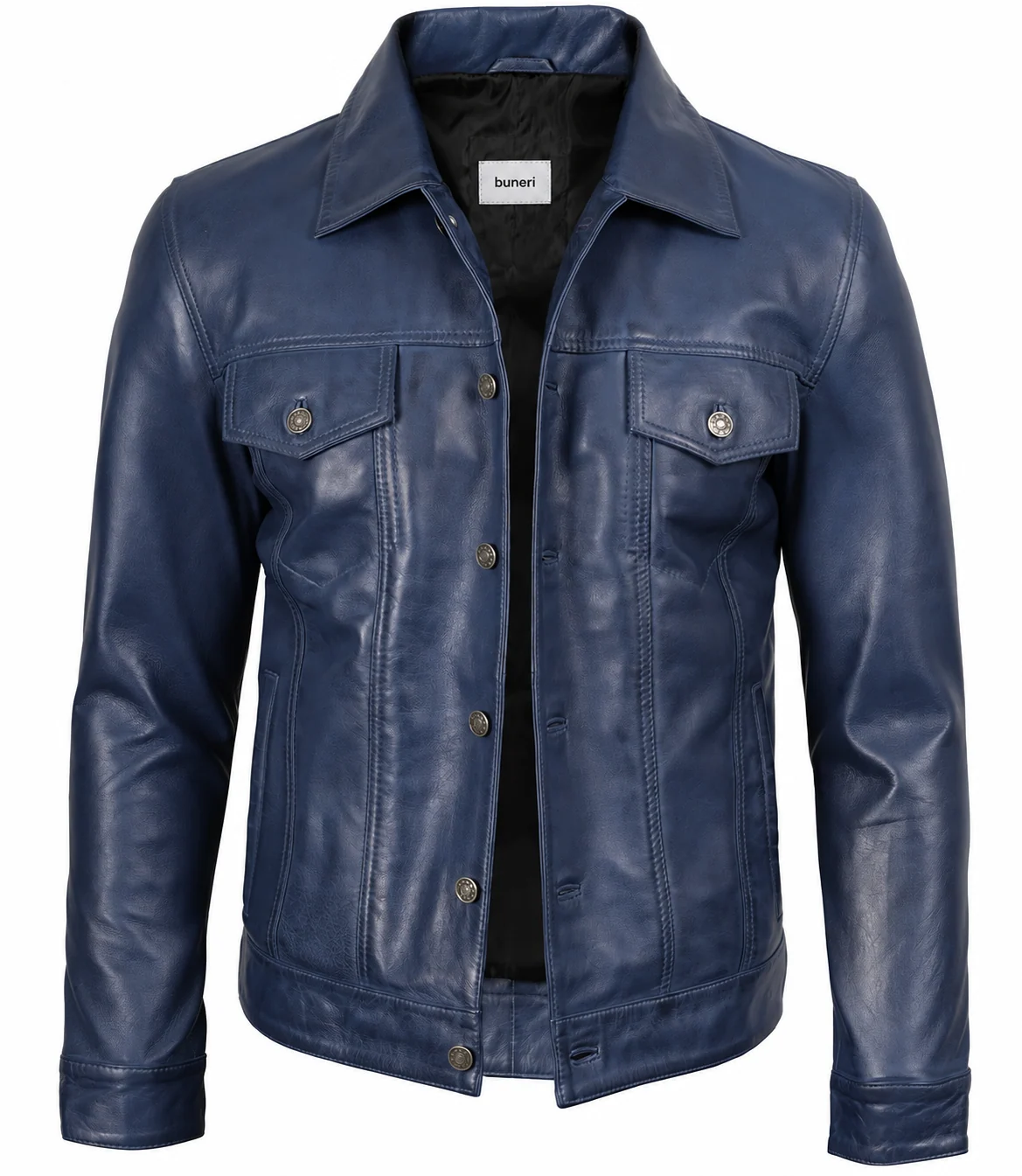 Cazadora trucker de piel azul marino para hombre — Vista frontal
