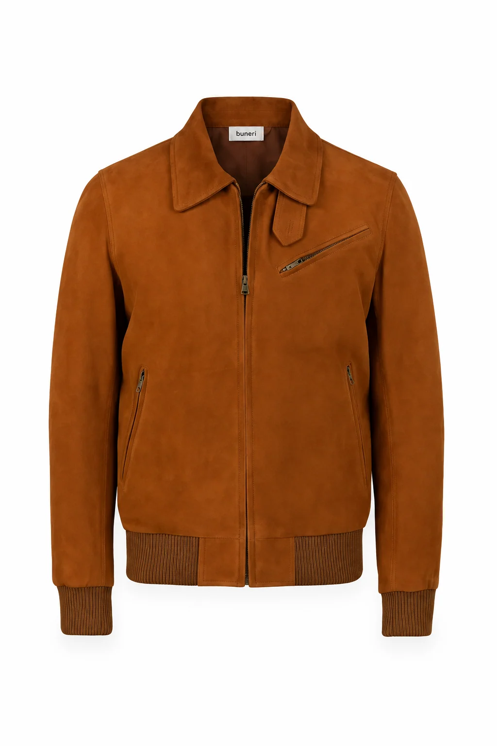Men’s Tan Suede Collared Bomber Jacket — Front view