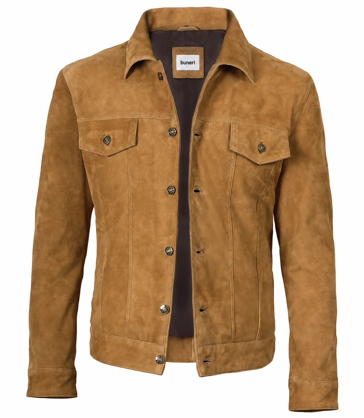 Cazadora trucker de ante camel para hombre — Vista frontal