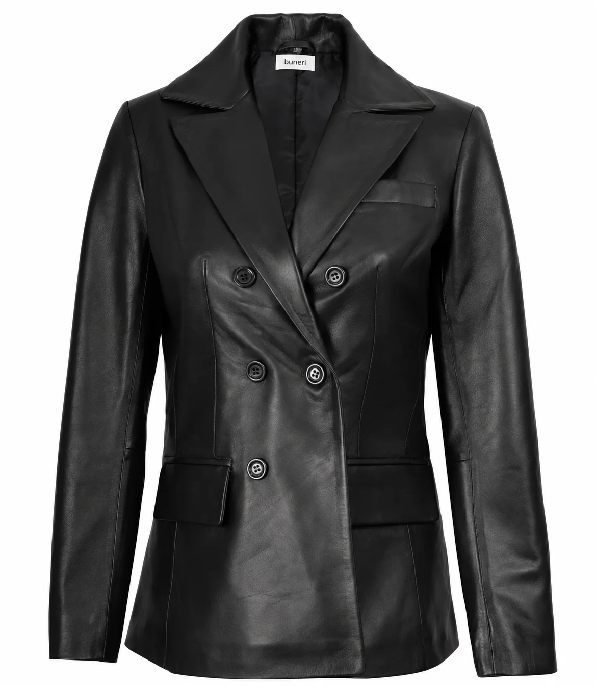 Women’s Black Double-Breasted Leather Blazer — Front view