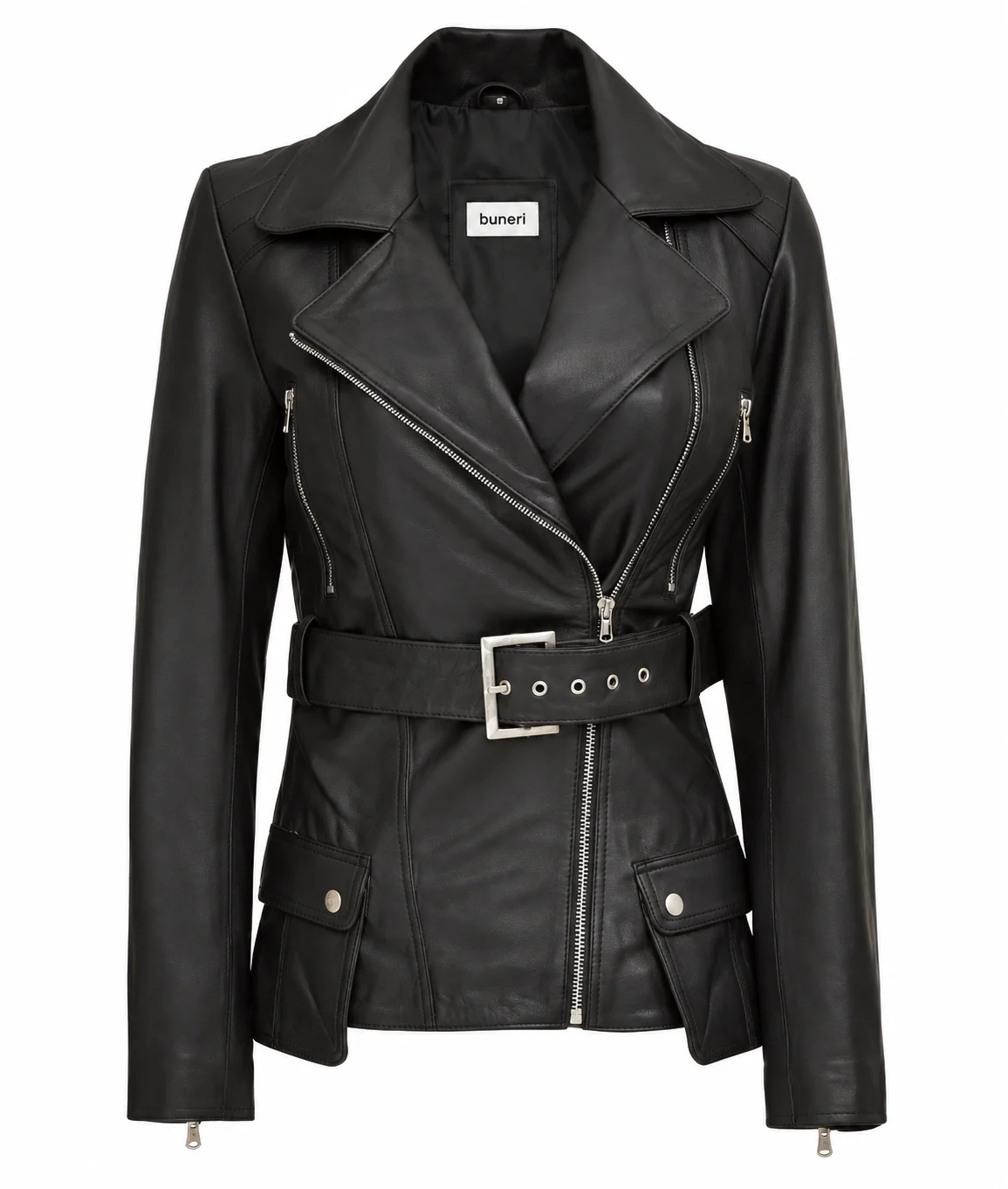 Women’s Black Longline Belted Leather Biker Jacket — Front view