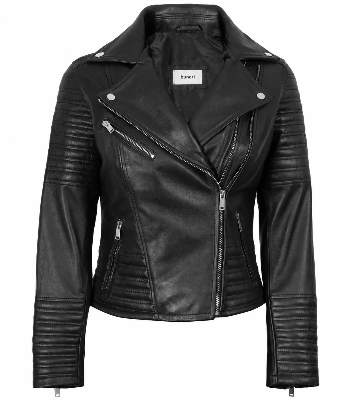 Women’s Black Quilted-Sleeve Leather Biker Jacket — Front view