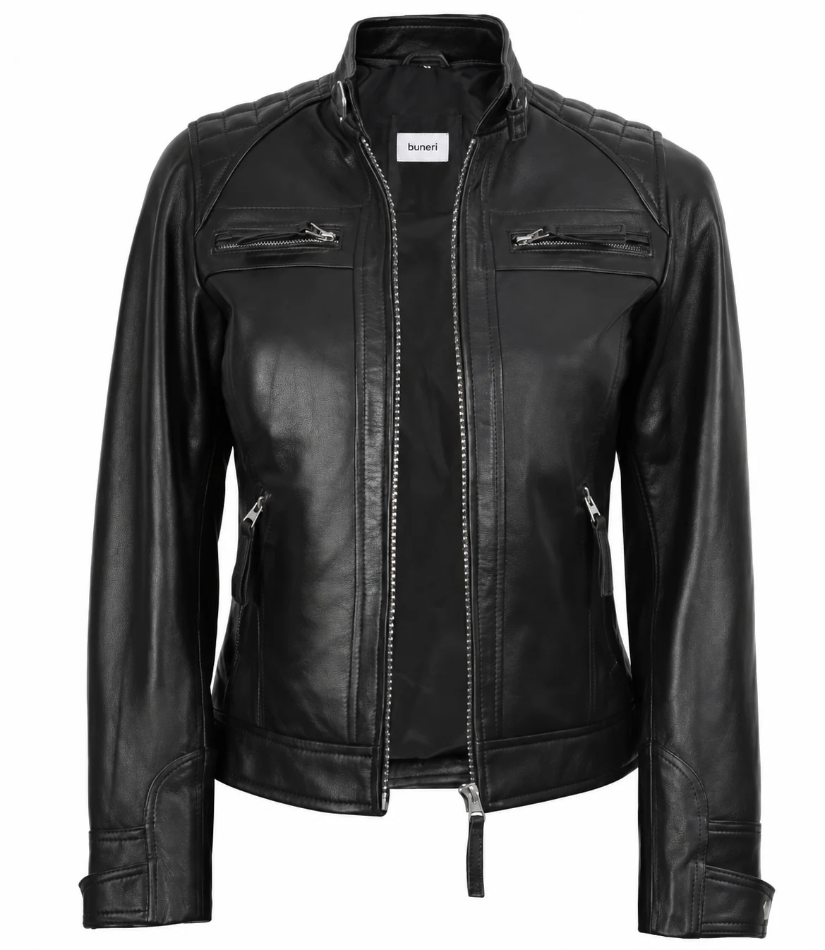 Women’s Black Zip-Pocket Leather Café Racer Jacket — Front view