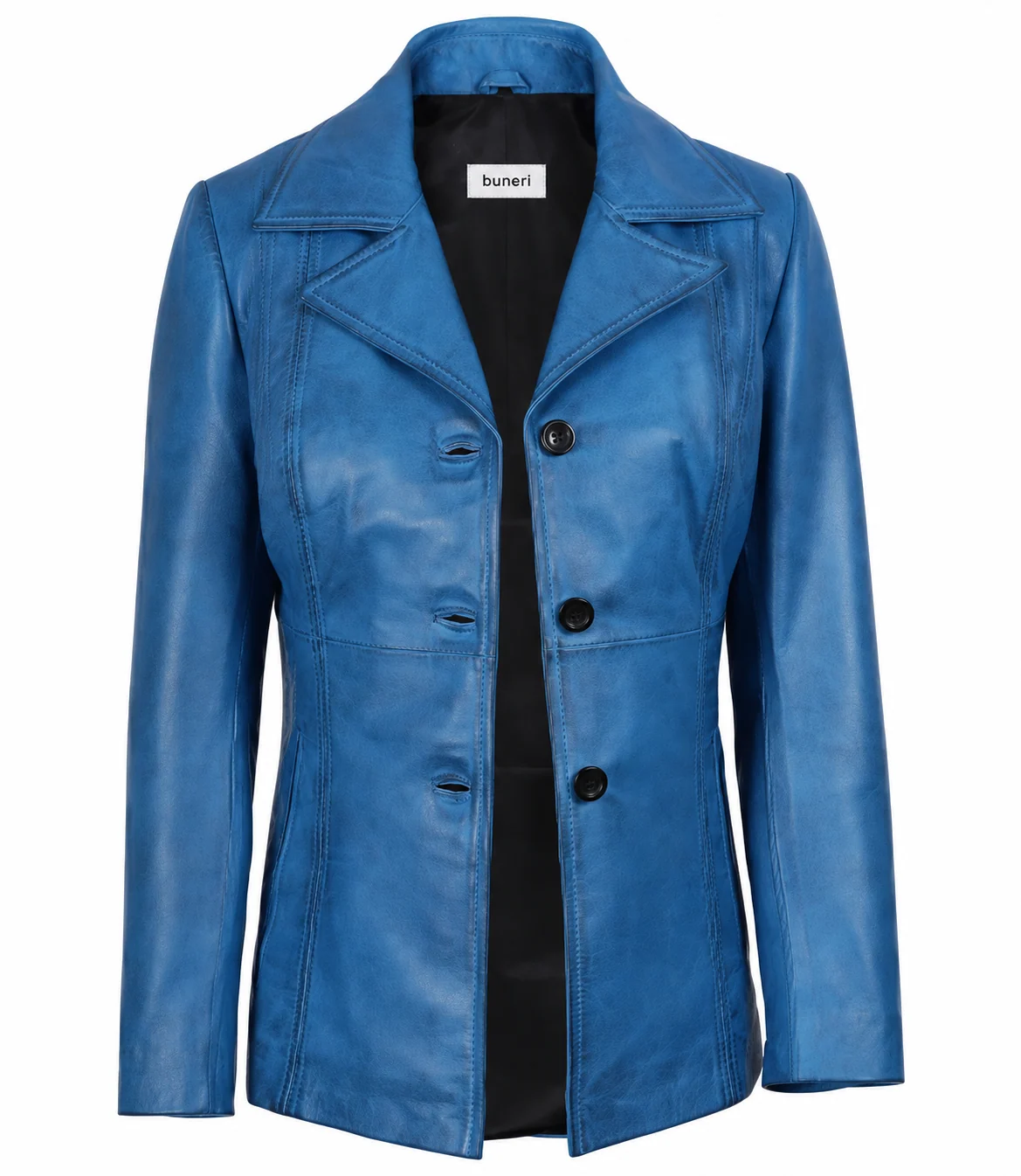 Women’s Blue Three-Button Leather Blazer — Front view