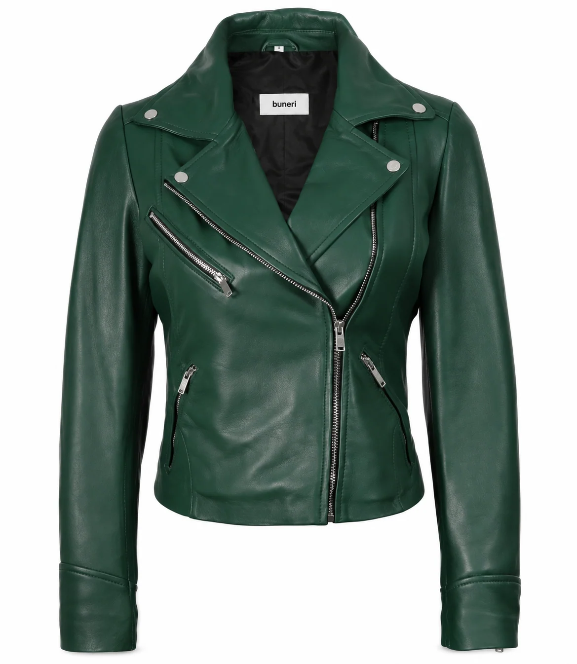 Women’s Green Asymmetric Leather Biker Jacket — Front view