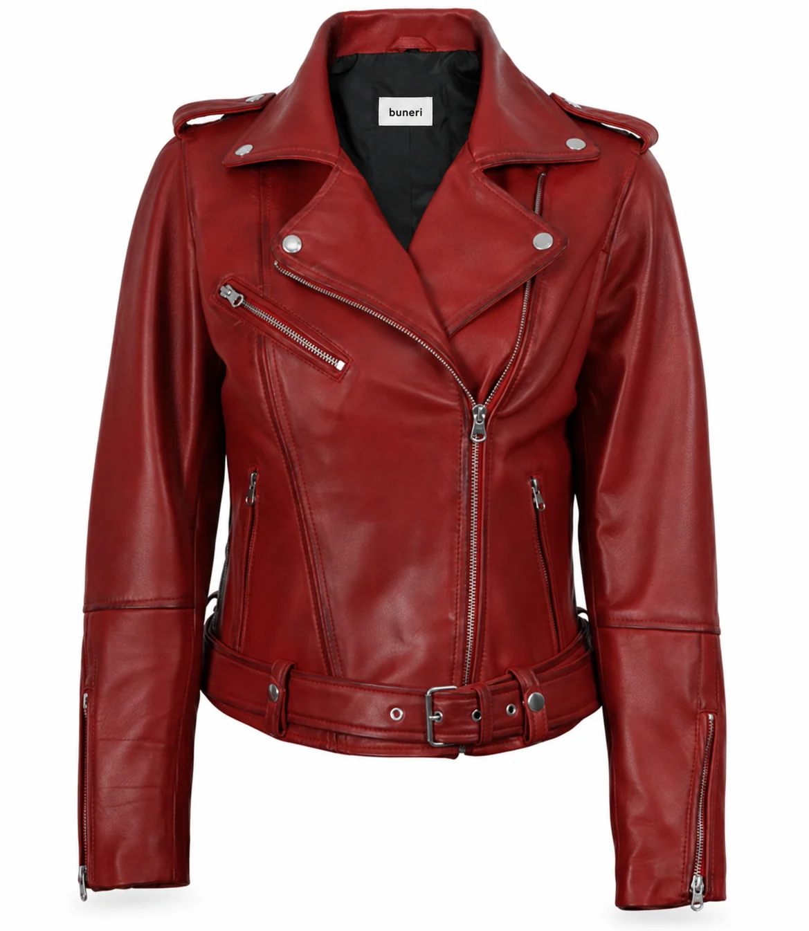 Women’s Red Belted Leather Biker Jacket — Front view