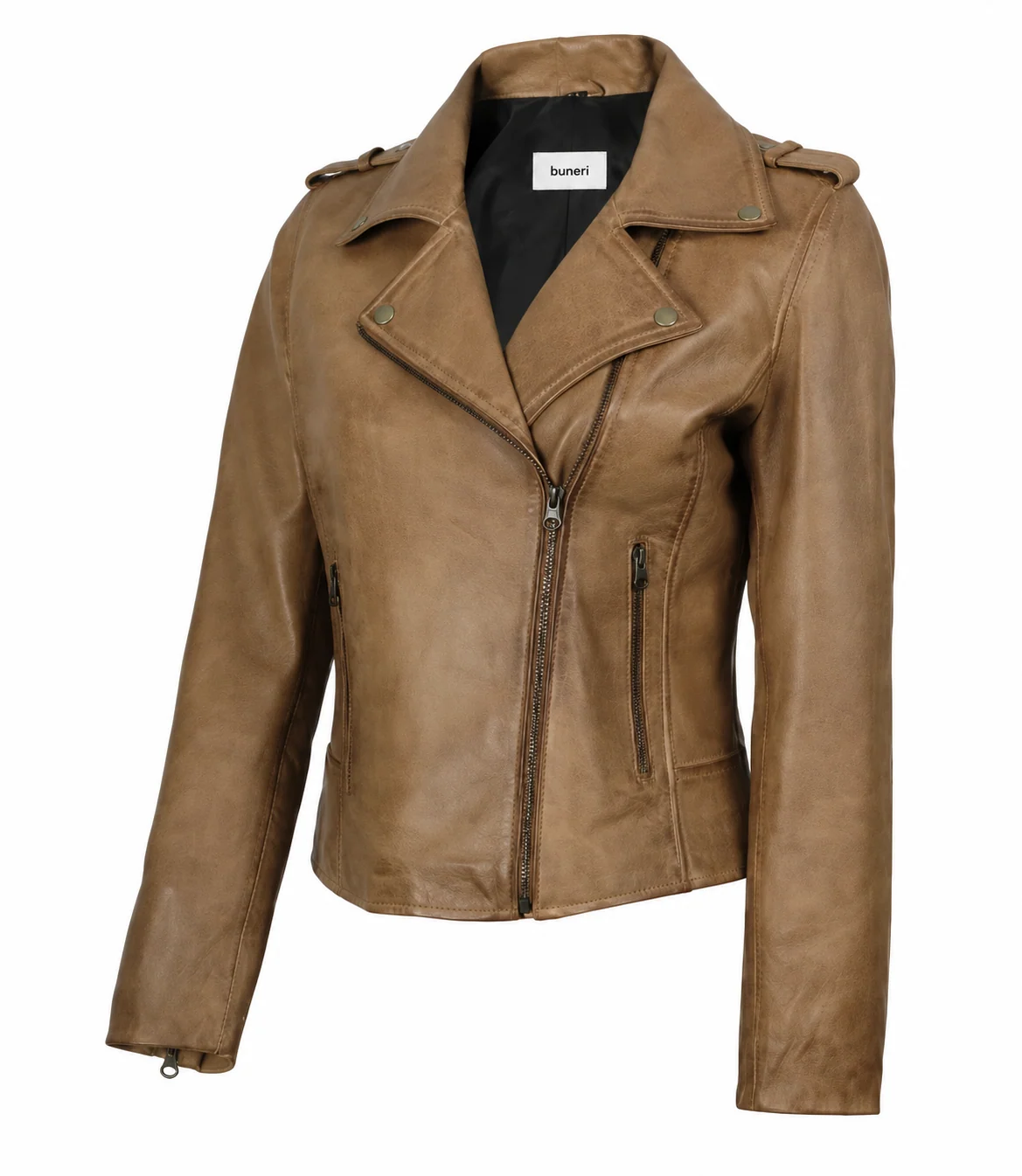 Women’s Tan Asymmetric Leather Biker Jacket — Front view